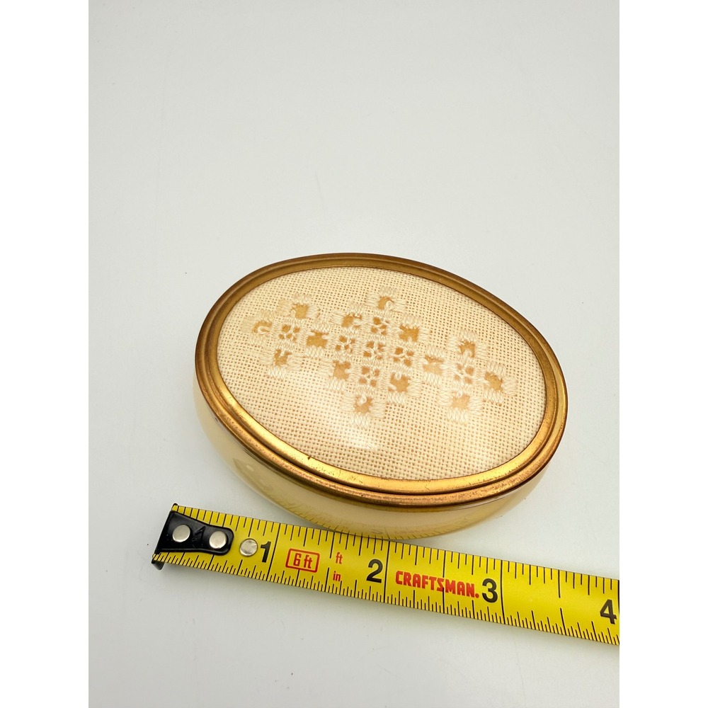 Framecraft England Vintage Oval Ceramic Trinket Box Needlepoint Lid Cream Gold